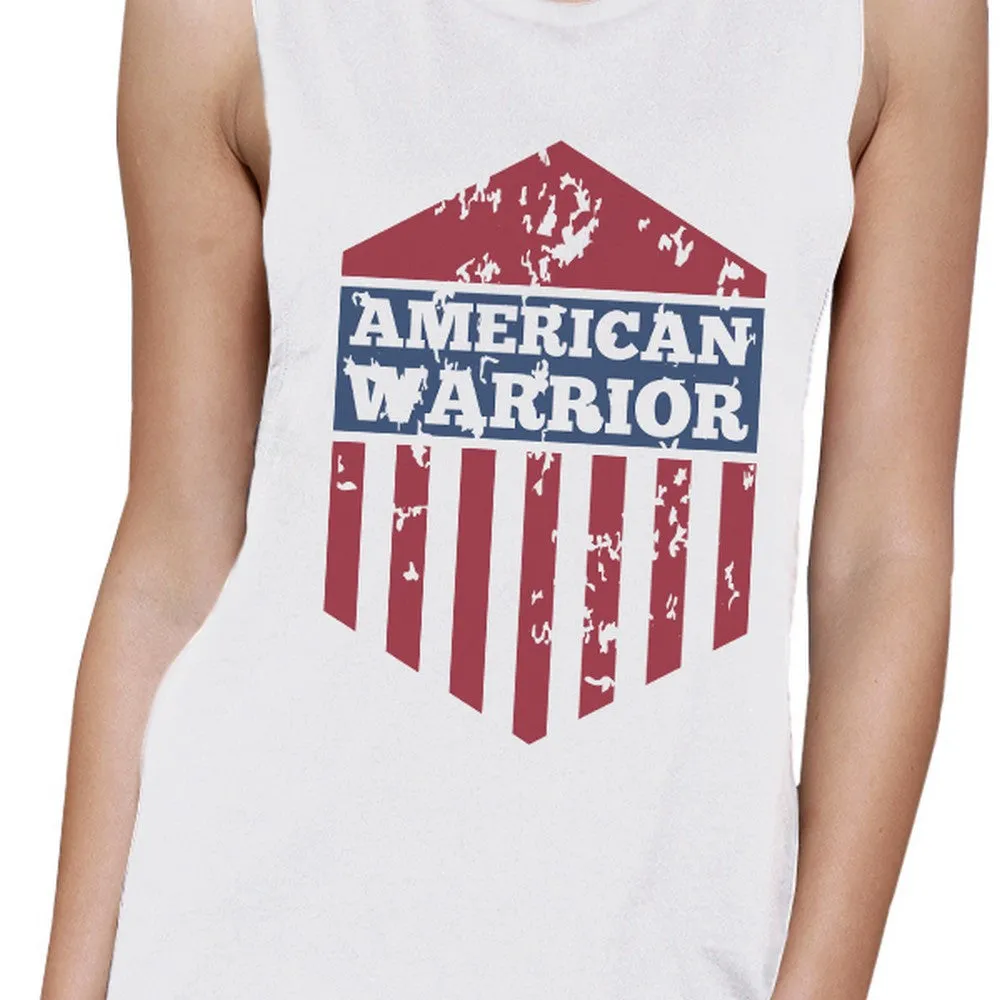 American Warrior White Crewneck Cotton Graphic Muscle Tee For Women