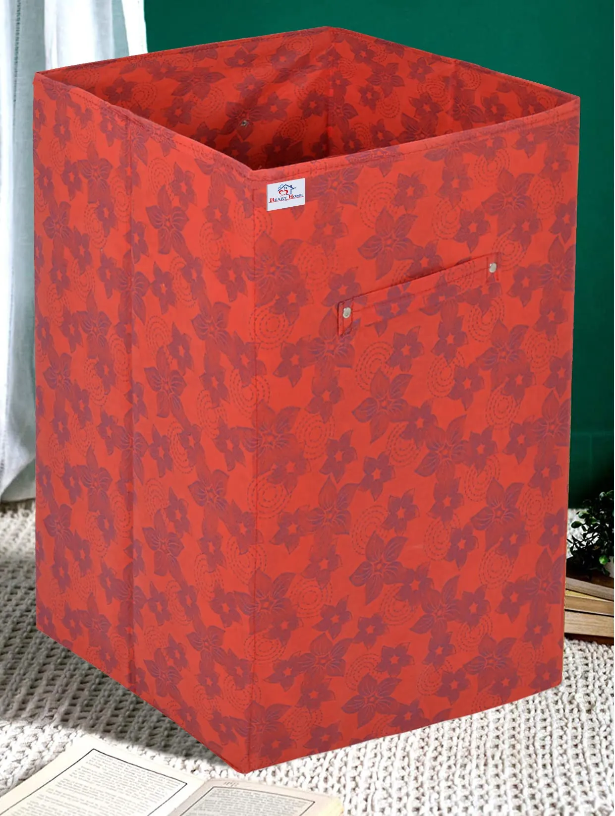 Heart Home Metallic Flower Printed Non-Woven Foldable Large Laundry basket/Hamper With Handles- Pack of 2 (Red)-HS43HEARTH25862