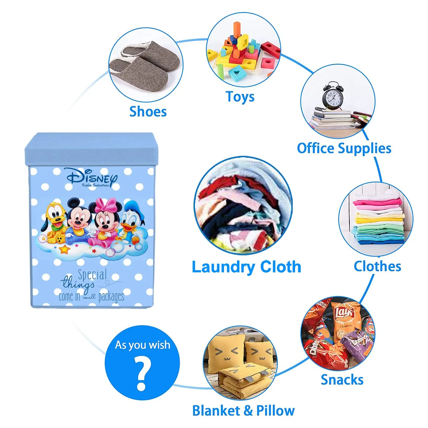 Heart Home Mickey Minnie & Friend Print Non-Woven Laundry Basket, Clothes Hamper For Laundry Closet, Bedroom, Bathroom With Lid & Handles Pack of 2 (Blue) 54HH4092.