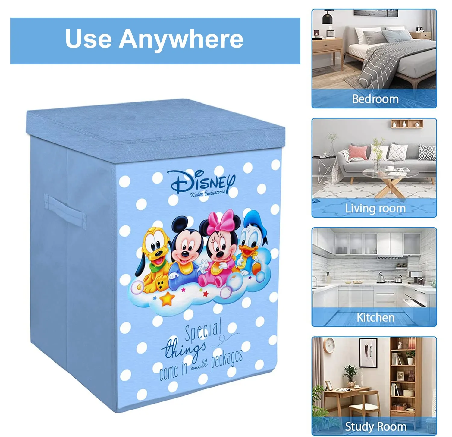 Heart Home Mickey Minnie & Friend Print Non-Woven Laundry Basket, Clothes Hamper For Laundry Closet, Bedroom, Bathroom With Lid & Handles Pack of 2 (Blue) 54HH4092.