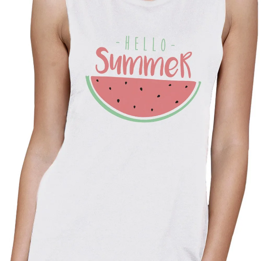 Hello Summer Watermelon Womens White Muscle Top