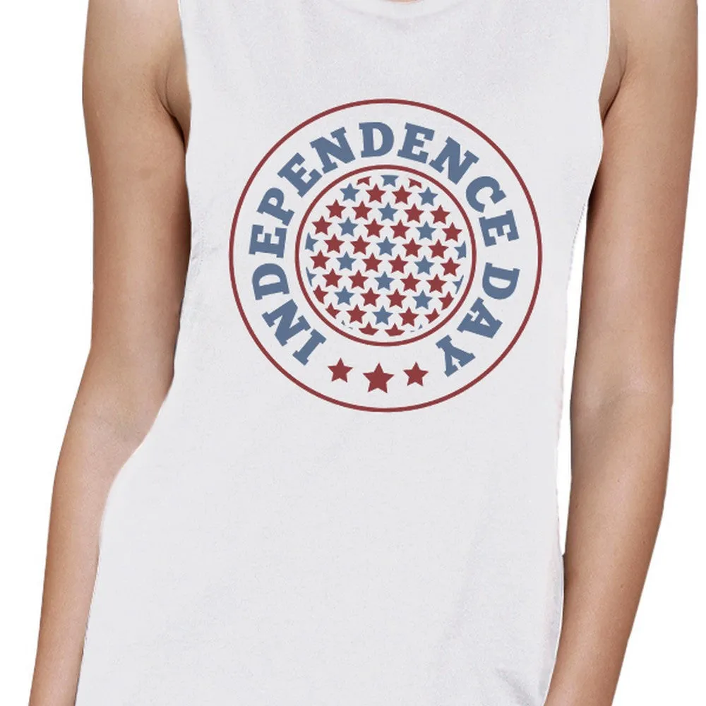 Independence Day White Crewneck Cotton Graphic Muscle Tee For Women