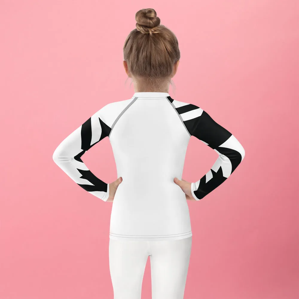 Kid's Girls Long Sleeve BJJ Rash Guard - Houndstooth 001 Blanc