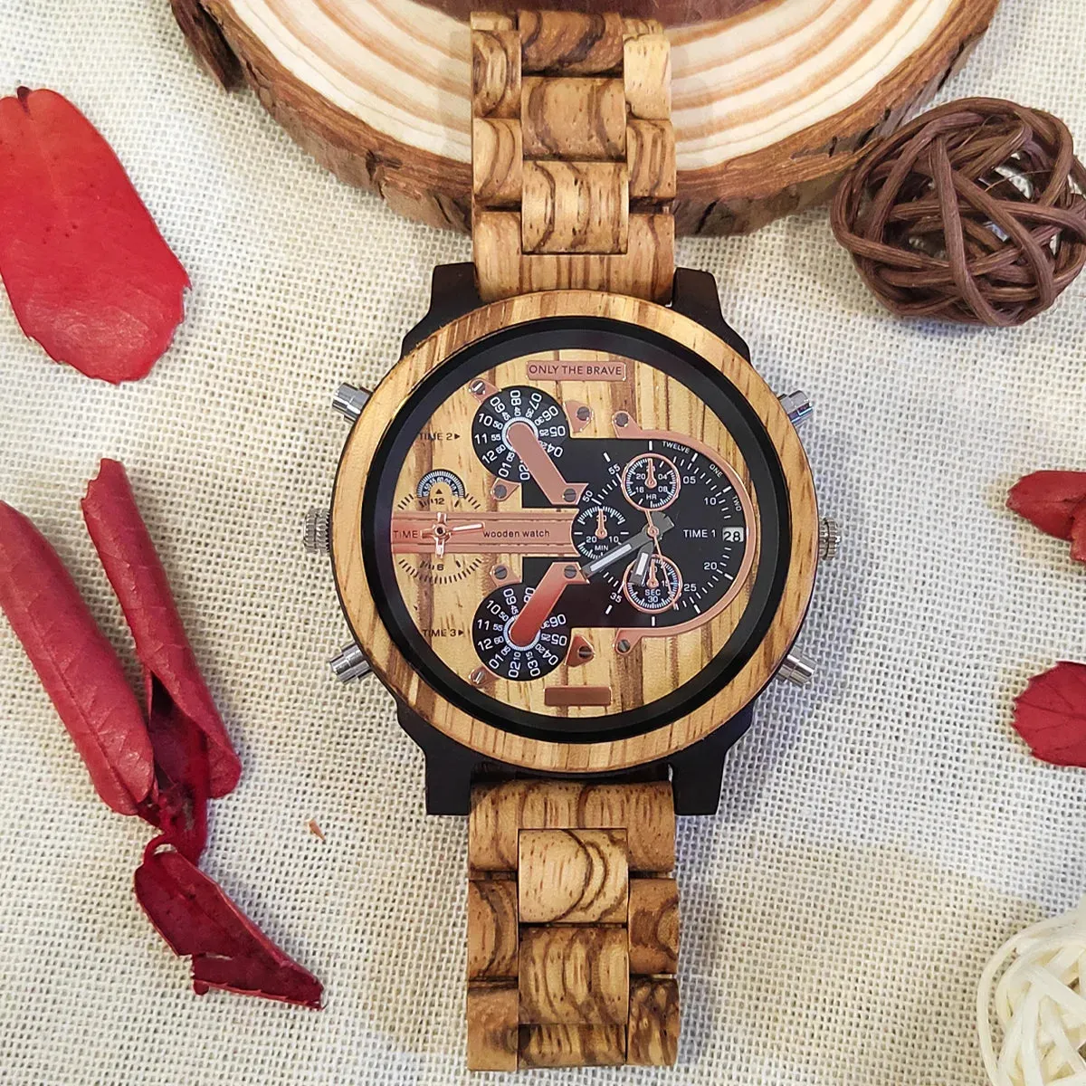 Large Dial Fashion Timepieces Chronograph Wooden Quartz Wrist Viking Watch