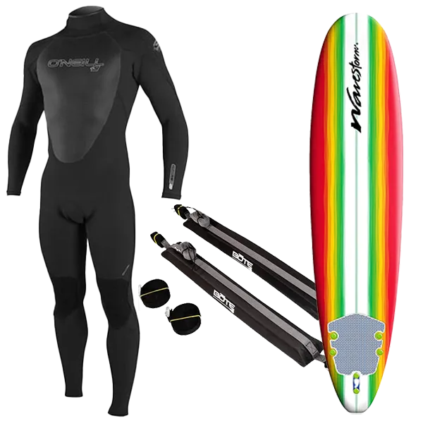 Men's Wetsuit, Surfboard, and Rack Package