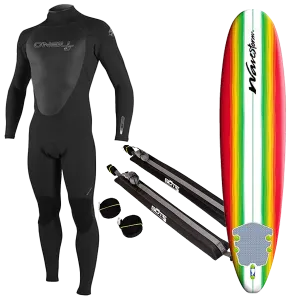 Men's Wetsuit, Surfboard, and Rack Package