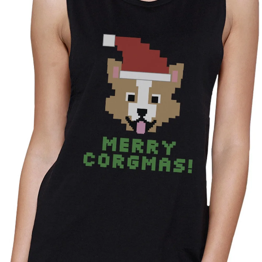 Merry Corgmas Corgi Womens Black Muscle Top