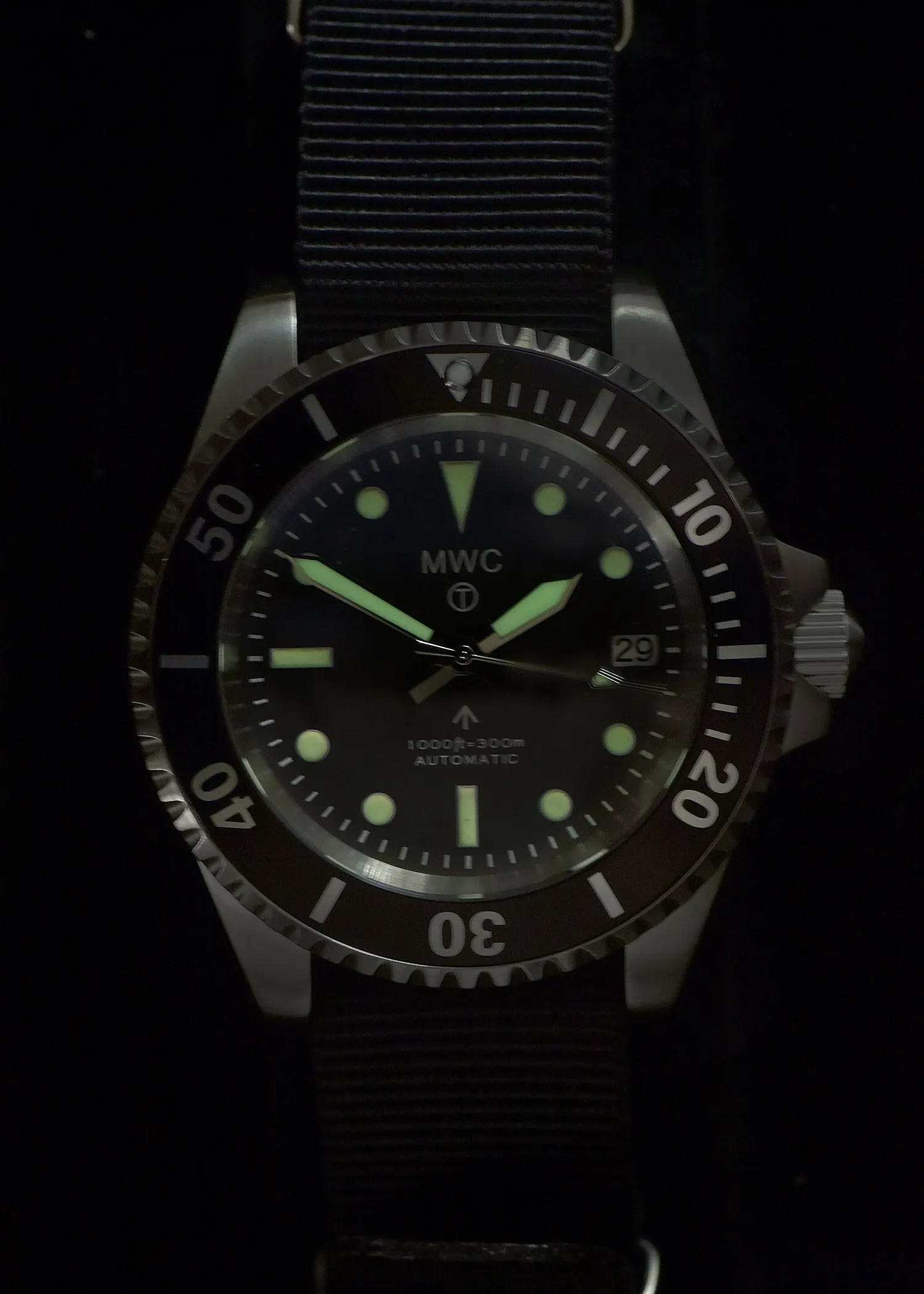 MWC 24 Jewel 1982 Pattern 300m Automatic Military Divers Watch with Sapphire Crystal on a NATO Webbing Strap (Date Version)