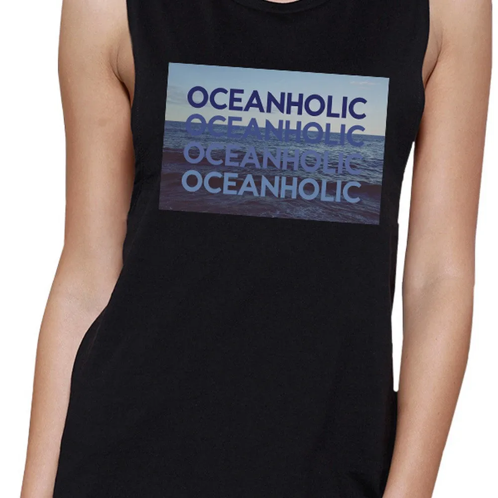 Ocean Holic Womens Black Graphic Muscle Tanks Cute Tropical Design