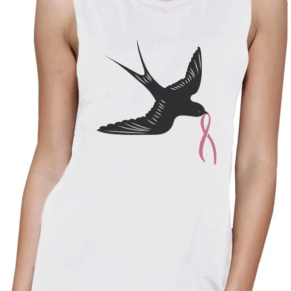 Pink Ribbon And Swallows Birds Womens White Muscle Top