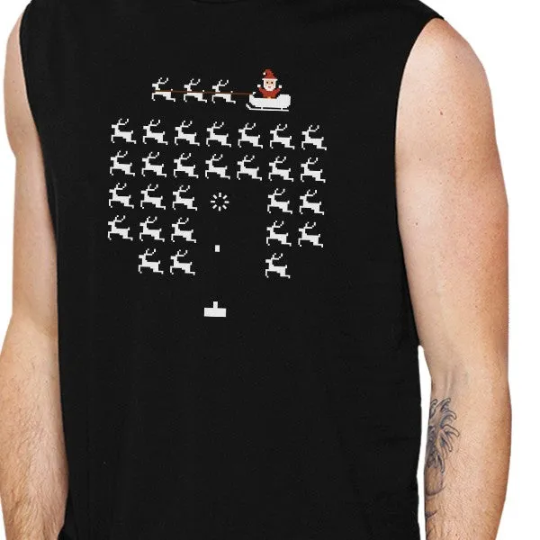 Pixel Game Santa And Rudolph Mens Black Muscle Top