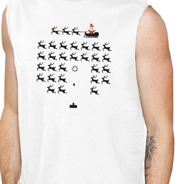 Pixel Game Santa And Rudolph Mens White Muscle Top