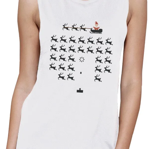 Pixel Game Santa And Rudolph Womens White Muscle Top