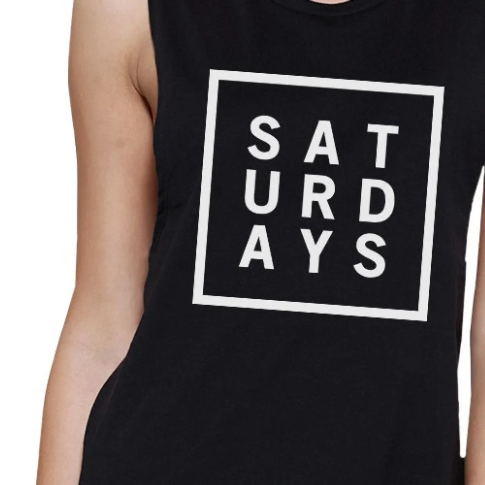 Saturdays Womens Black Muscle Top Trendy Typography Workout Shirt