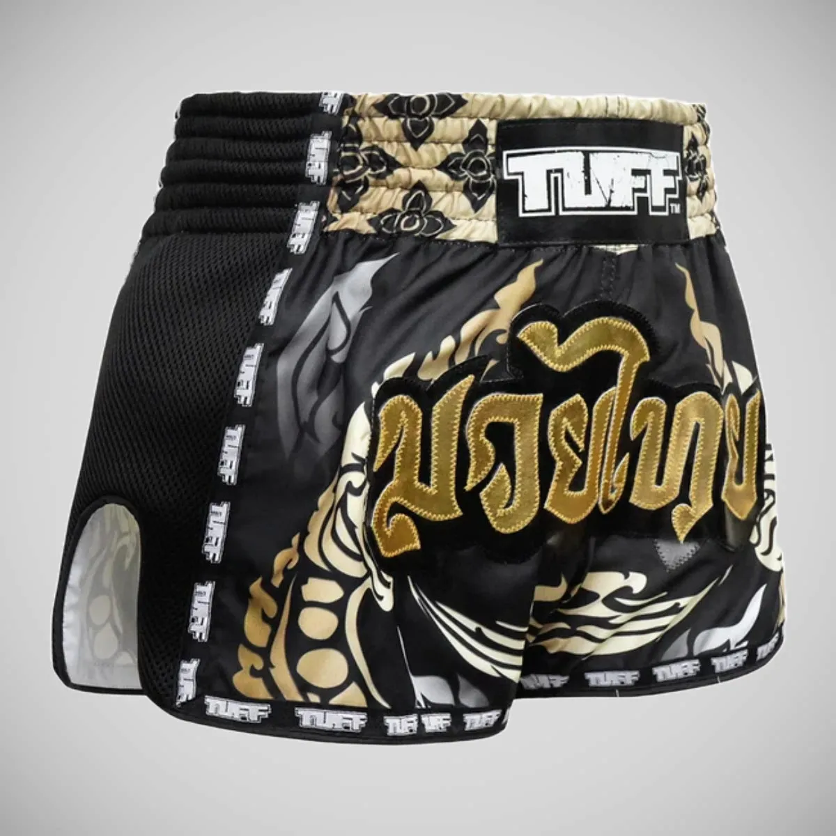 TUFF Sport MRS201 Retro Style Thai King Of Naga Muay Thai Shorts Black