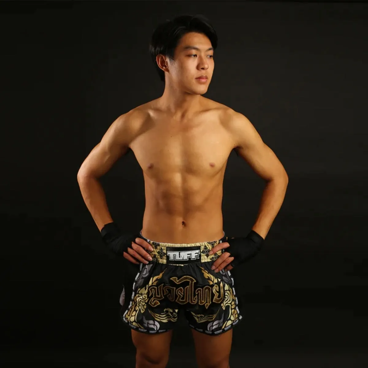 TUFF Sport MRS201 Retro Style Thai King Of Naga Muay Thai Shorts Black