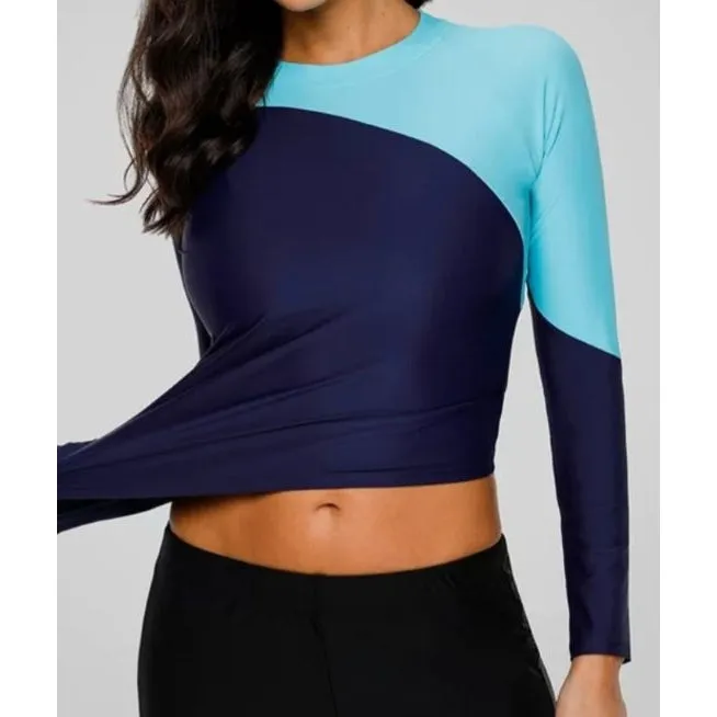 VG Women Long Sleeve Aqua Navy Blue Rash Guard with UV Sun Protection for Water Sports [WS]