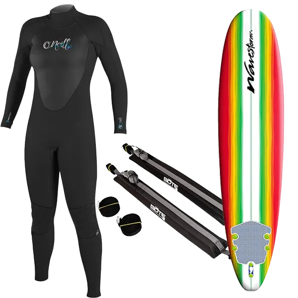 Women's Wetsuit, Surfboard, and Rack Package